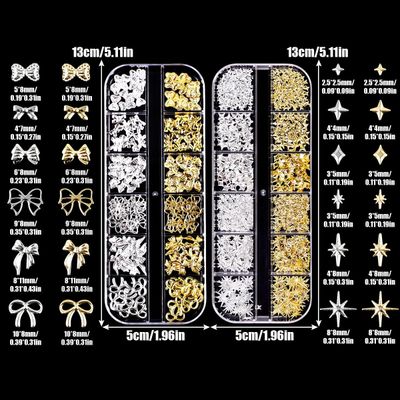 3D Metal Punk Nail Studs, Gold Silver Star Bows Nail Art Charms, Alloy Manicure Decoration DIY Charms for Nail Art Decoration Accessories (Gold Silver A)