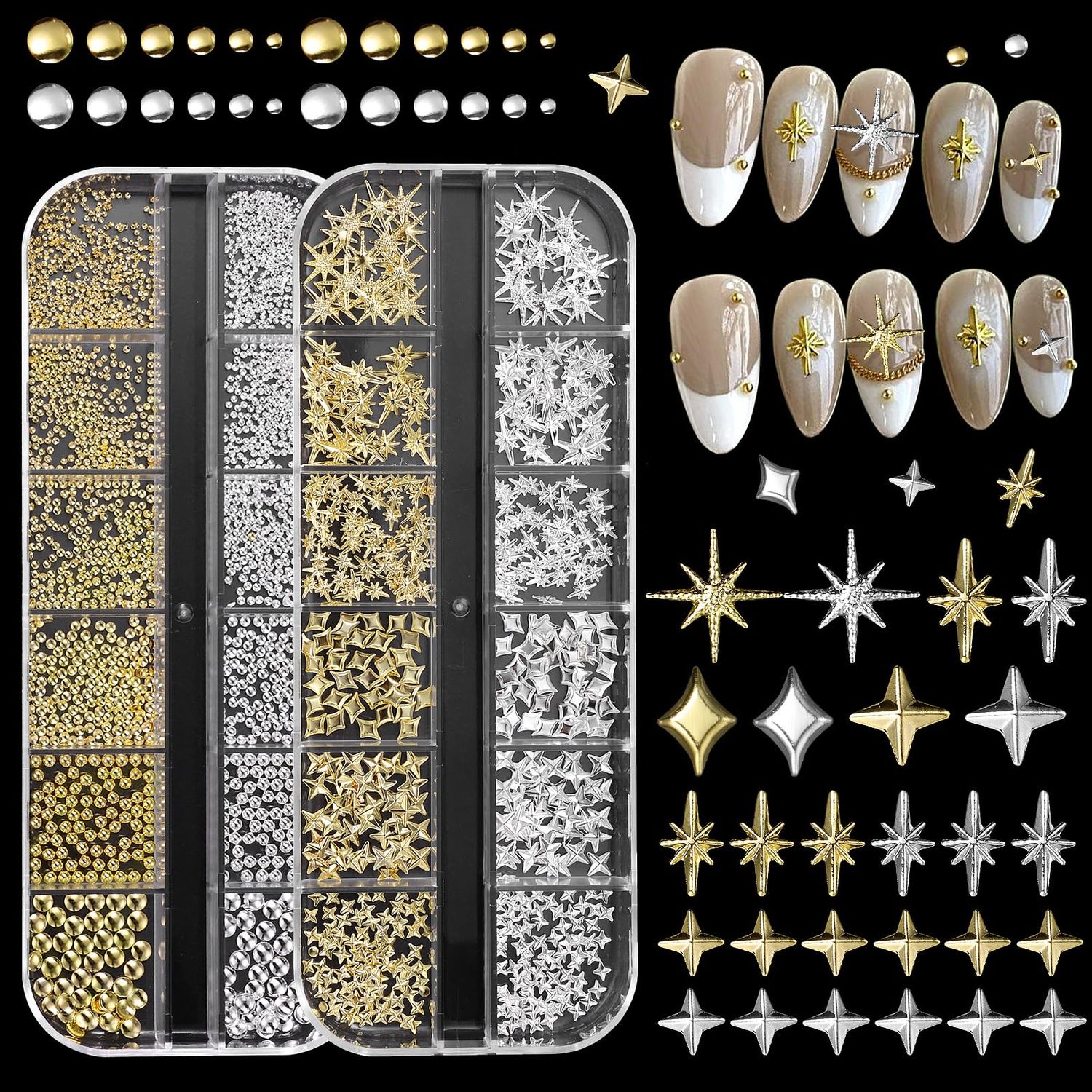 2 Boxes Gold Star Nail Gems Charms, Metal Starshine Studs, Silver Golden Micro Caviar Beads, DIY Accessories for Nail Art