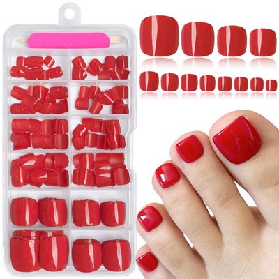 AddFavor Press on Toenails, 240pcs Bright Red Toe Nail Press ons Glossy Fake Toe Nails Full Cover Glue Press on Toenails for Women Pedicure