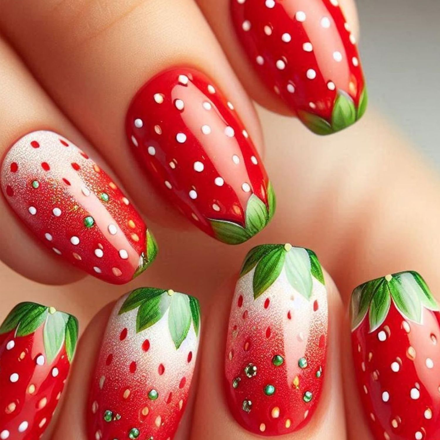 30Pcs Strawberry Press on Nails Short Square Fake Nails Red Gradient False Nails Strawberry Leaf French Tip Nails Summer Cute Glue on Nails Full Cover Stick on Nails for Women Girls