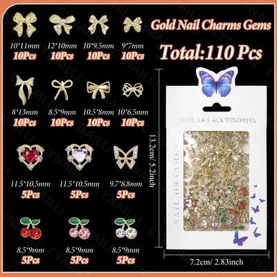 110 Pcs 3D Gold Nail Charms Gems, Cherry Heart Nail Art Jewels, 8 Styles Gold Nail Bows Charms for Nail Art Design Y2K DIY Accessories