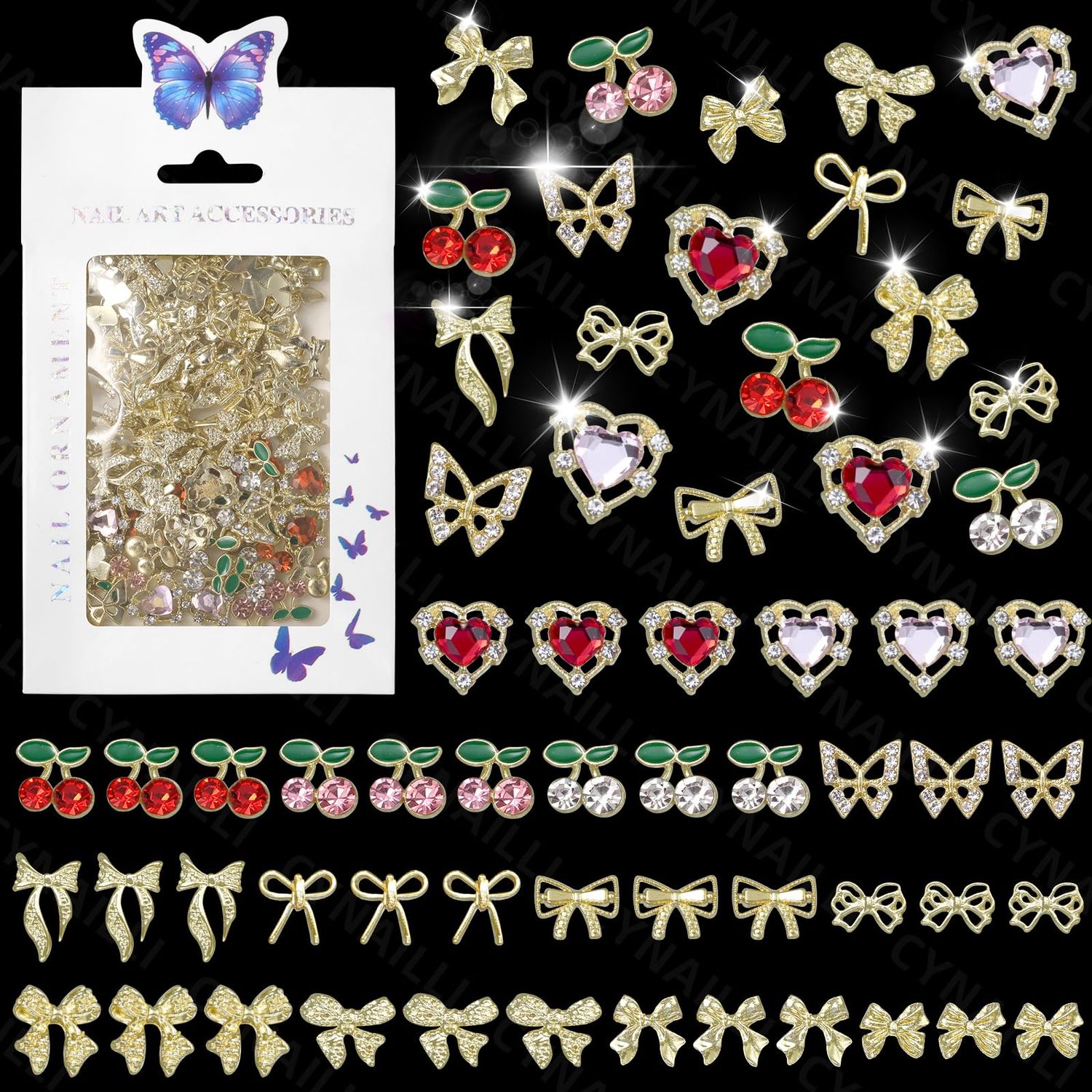 110 Pcs 3D Gold Nail Charms Gems, Cherry Heart Nail Art Jewels, 8 Styles Gold Nail Bows Charms for Nail Art Design Y2K DIY Accessories