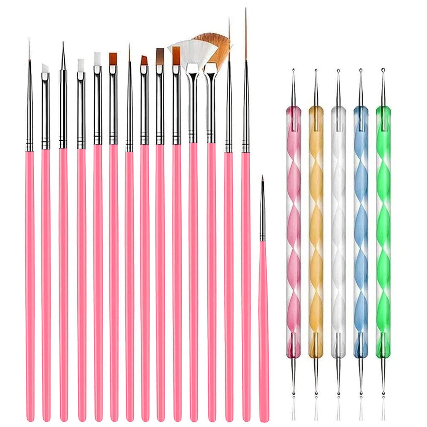 AIBEE 20pcs Nail Art Design Tools, 15pcs Brushes Kit with 5pcs Dotting Pens, PINK