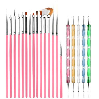AIBEE 20pcs Nail Art Design Tools, 15pcs Brushes Kit with 5pcs Dotting Pens, PINK