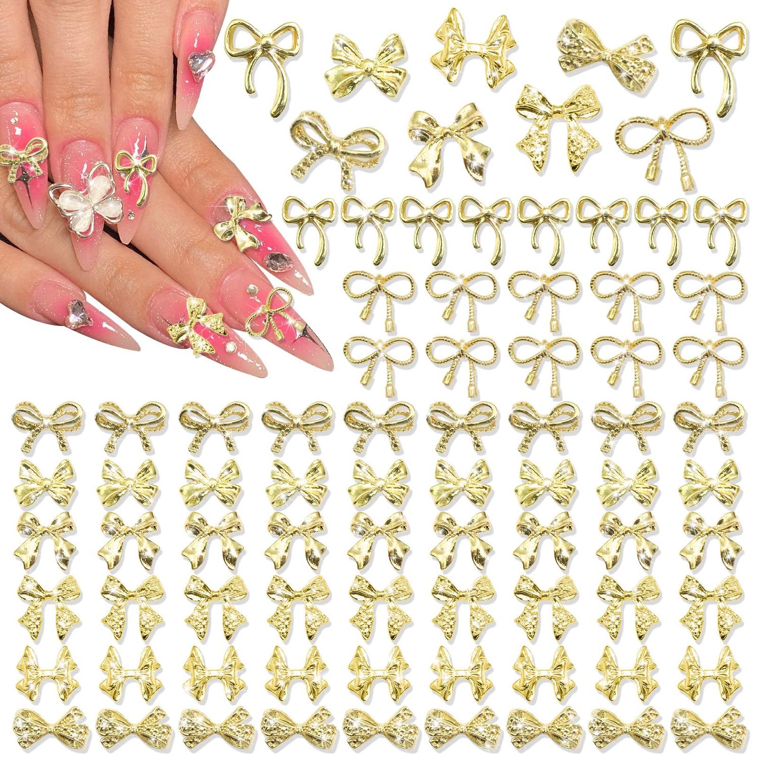RODAKY 80PCS Gold Bow Charms 8 Styles Metal Alloy Bowknot Gems 3D Nail Art Decoration Cute Charms for Manicure Design