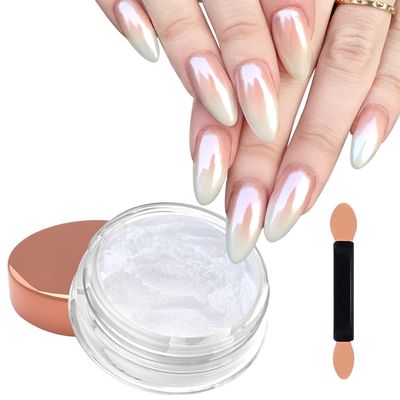 Laza White Chrome Nail Powder Glazed Donut Nails Metallic Effect Pigment Shimmer Pearlescent Mica Powder Iridescent Aurora Nail Glitter Fairy Dust Gel Nail Art Supplies Nail Techs - Pearl Chrome