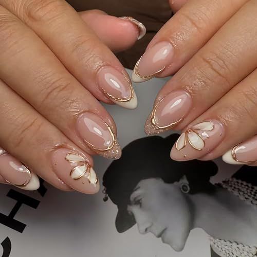 24Pcs French Tip Press on Nails Short Almond Fake Nails with Flower Designs 3D Chrome Gold French False Nails Nude Pink Full Cover Glue on Nails Spring Summer Artificial Nails for Women Girls Manicure