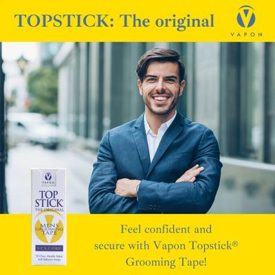 Vapon Topstick - The Original Mens Grooming Tape - 50 Count 1/2 x 3 Double Sided, Self Adhesive, Clear Tape for Toupee and Wig Adhesion - Hypo Allergenic, Waterproof, and Latex Free