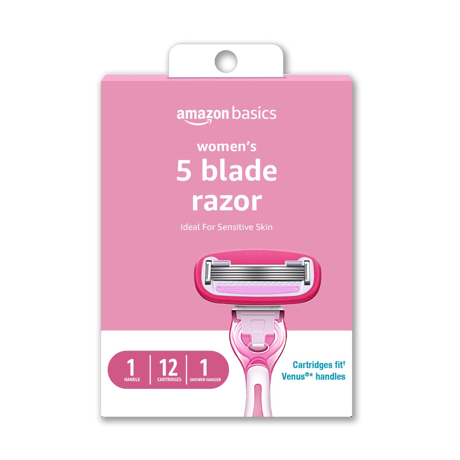 Amazon Basics Womens 5 Blade FITS Razor for Women, FITS Amazon Basics Handle and Venus Handles, Includes 1 FITS Handle, 12 Cartridges &amp; 1 Shower Hanger
