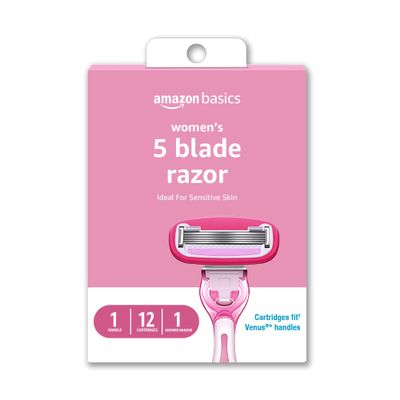Amazon Basics Womens 5 Blade FITS Razor for Women, FITS Amazon Basics Handle and Venus Handles, Includes 1 FITS Handle, 12 Cartridges &amp; 1 Shower Hanger