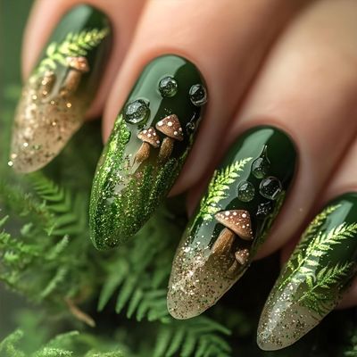 Green Glitter Press on Nails Medium Almond Shaped False Nails with Mushroom and Leaf Designs Gradient Fake Nails Full Cover Spring Acrylic Nails Stick on Nails for Women Nail Art Manicure 24 Pcs