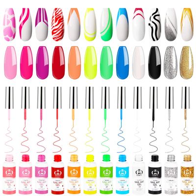 Nail Art Polish Set Gel Liner Kit For Nail Design Polish Paint For Nail 12 Colors Black White Gel Nail Polish Soak off Curing Requires 8ml with Thin Nail Art Brush