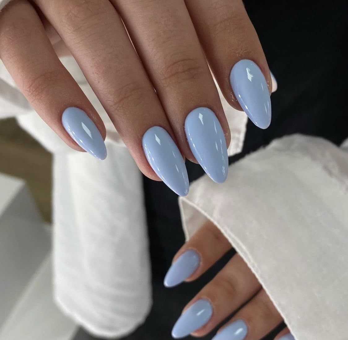 Light Blue Nails Press on Nails Almond Medium, Solid Color Glossy Fake Nails Press Ons Almond Shape, Stick on Nails for Women and Girls Daily Wear in 24PCS