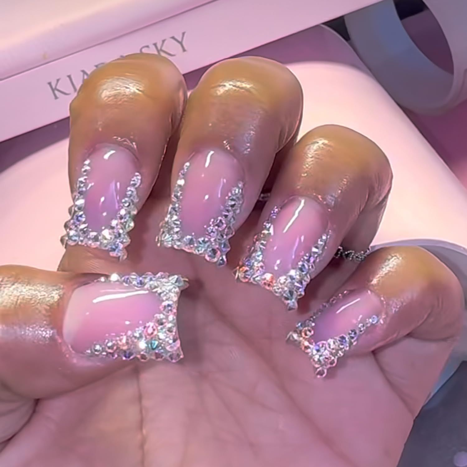 Rhinestone French Tip Nails Press on Medium Square Fake Nails Light Pink Shine False Nails with Design Sparkly Glue on Nails Artificial Reusable Acrylic Nails Stick on Nails for Women and Girls 24Pcs