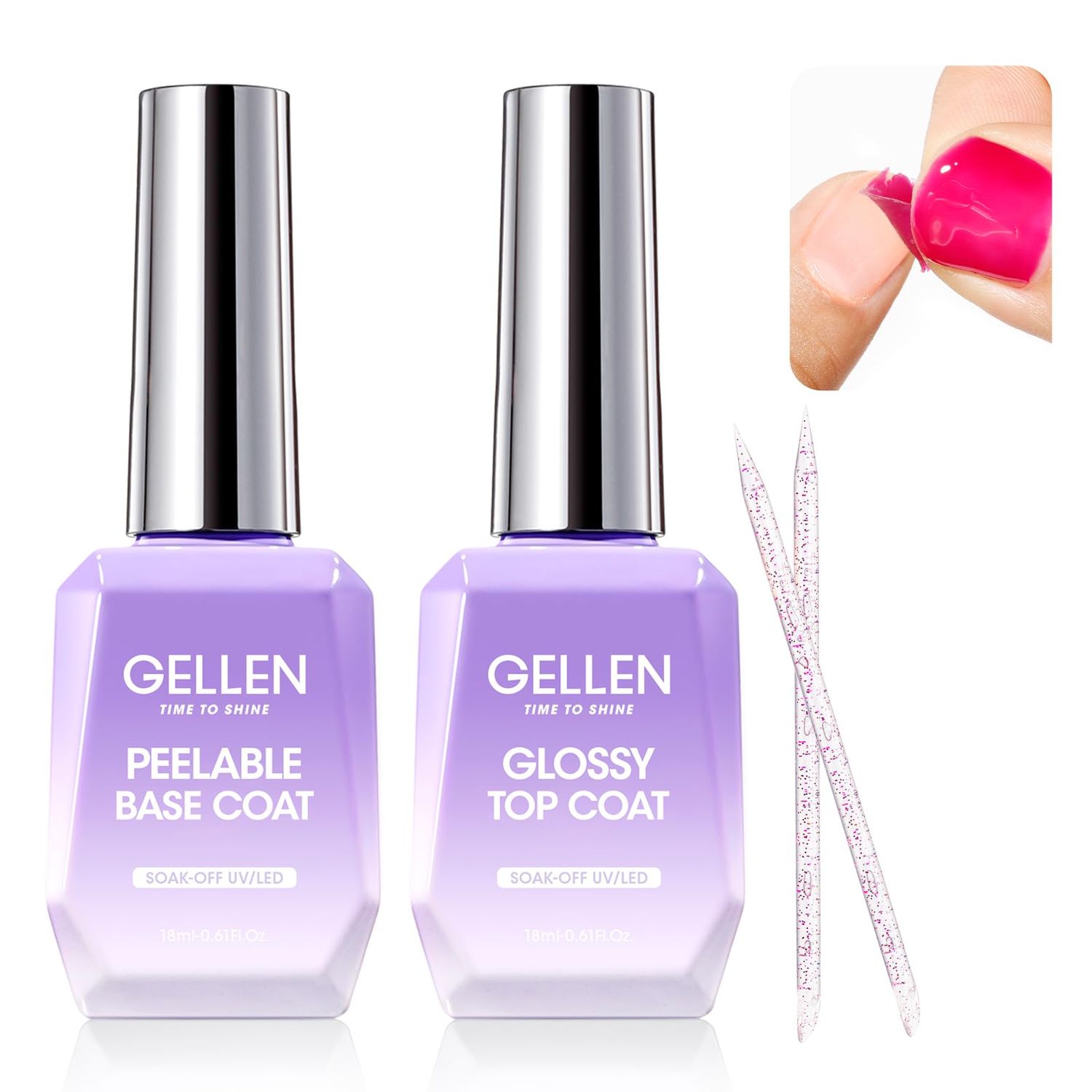 GELLEN Peel Off Gel Base Coat and Top Coat Set, No Filing Peelable Base Gel without Soaking, Clear Top Coat Nail Polish, UV LED Lamp Needed, Home DIY Nail Art Manicure Set