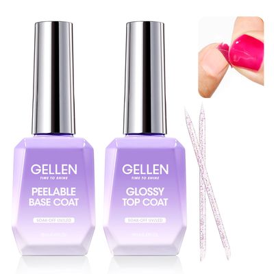 GELLEN Peel Off Gel Base Coat and Top Coat Set, No Filing Peelable Base Gel without Soaking, Clear Top Coat Nail Polish, UV LED Lamp Needed, Home DIY Nail Art Manicure Set