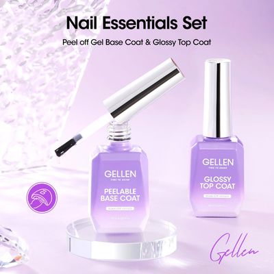 GELLEN Peel Off Gel Base Coat and Top Coat Set, No Filing Peelable Base Gel without Soaking, Clear Top Coat Nail Polish, UV LED Lamp Needed, Home DIY Nail Art Manicure Set