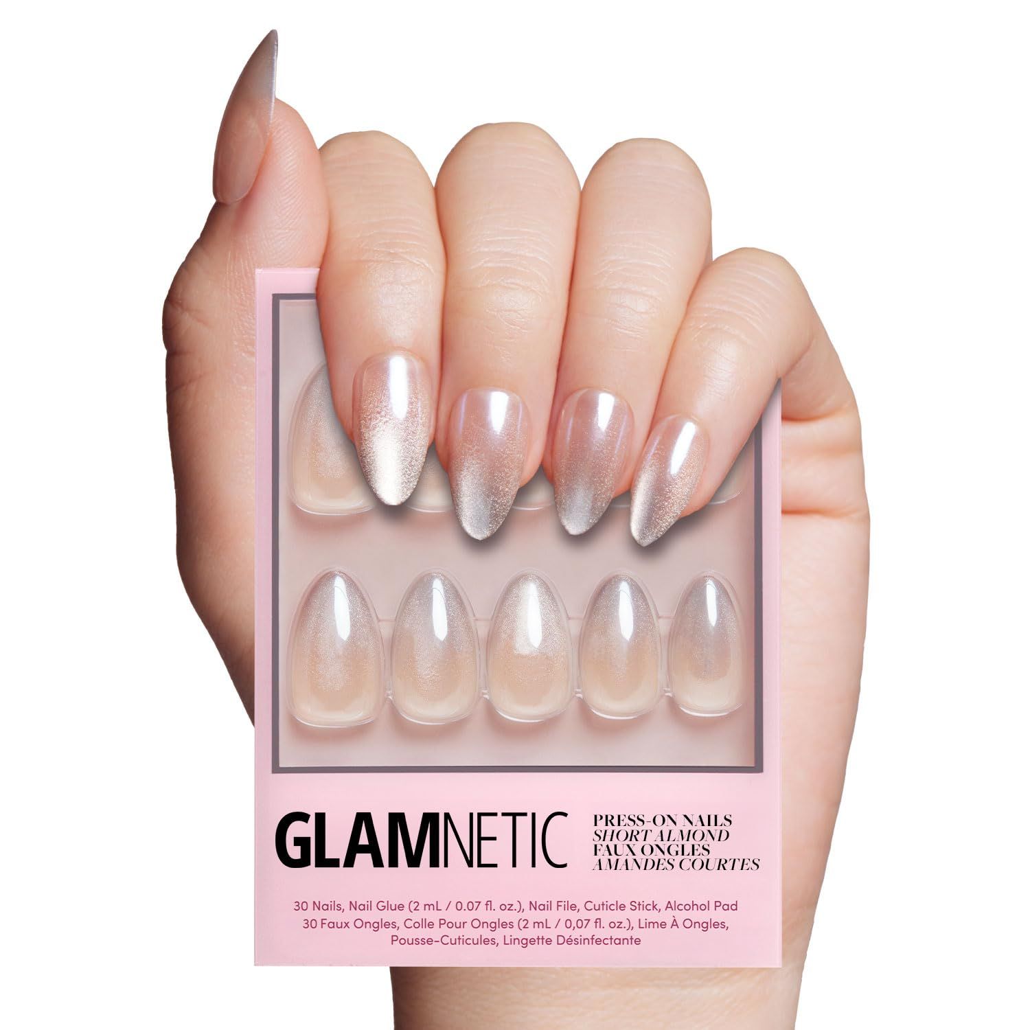 Glamnetic Press On Nails - Polar Night | Short Almond Fake Nails with Ombr Silver Tips and Glossy Velvet Finish, Reusable | 15 Sizes - 30 Nail Kit with Glue