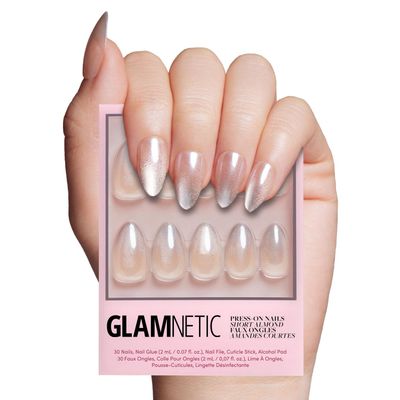 Glamnetic Press On Nails - Polar Night | Short Almond Fake Nails with Ombr Silver Tips and Glossy Velvet Finish, Reusable | 15 Sizes - 30 Nail Kit with Glue