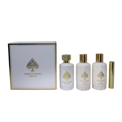 Jo Milano Game of Spades Royale 4-Piece Gift Set Unisex, (3.4 Oz Parfum Spray 6.8 Oz Body Cleanser 6.8 Oz Body Cream 0.27 Oz Refillable Atomizer)