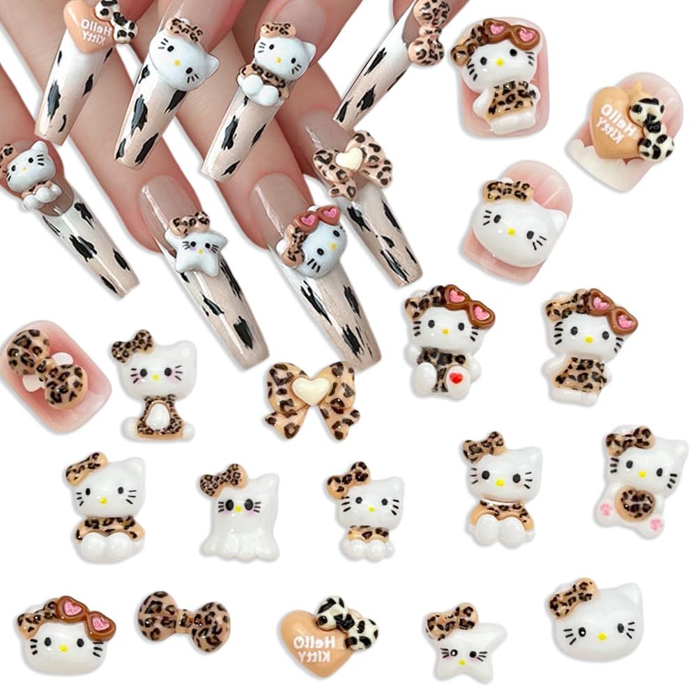 Cute Cartoon Nail Charms Kawaii Nail Design Leopard Print Cat Nail Art Charms Jewelry Supply 3D Nail Rhinestones Charms for Women Girls DIY Manicure Decoration 60Pcs