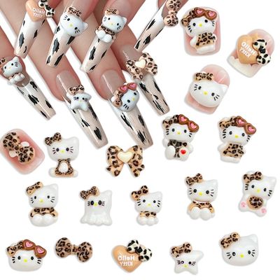 Cute Cartoon Nail Charms Kawaii Nail Design Leopard Print Cat Nail Art Charms Jewelry Supply 3D Nail Rhinestones Charms for Women Girls DIY Manicure Decoration 60Pcs