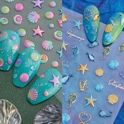 IDDFEVE 5 Sheets 5D Embossed Seashell Starfish Nail Art Stickers, Self-Adhesive Marine Life Nail Decals, Summer Ocean Design DIY Decorations
