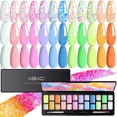 ABAC Glitter Sequins Spring&amp;Summer Solid Gel Polish Set,Sparkly&amp;Shiny Hema-free 24 Colors Soak Off Gel Polish Kit with Double-Ended Nail Art Brush for Salon and Nail Art DIY at Home