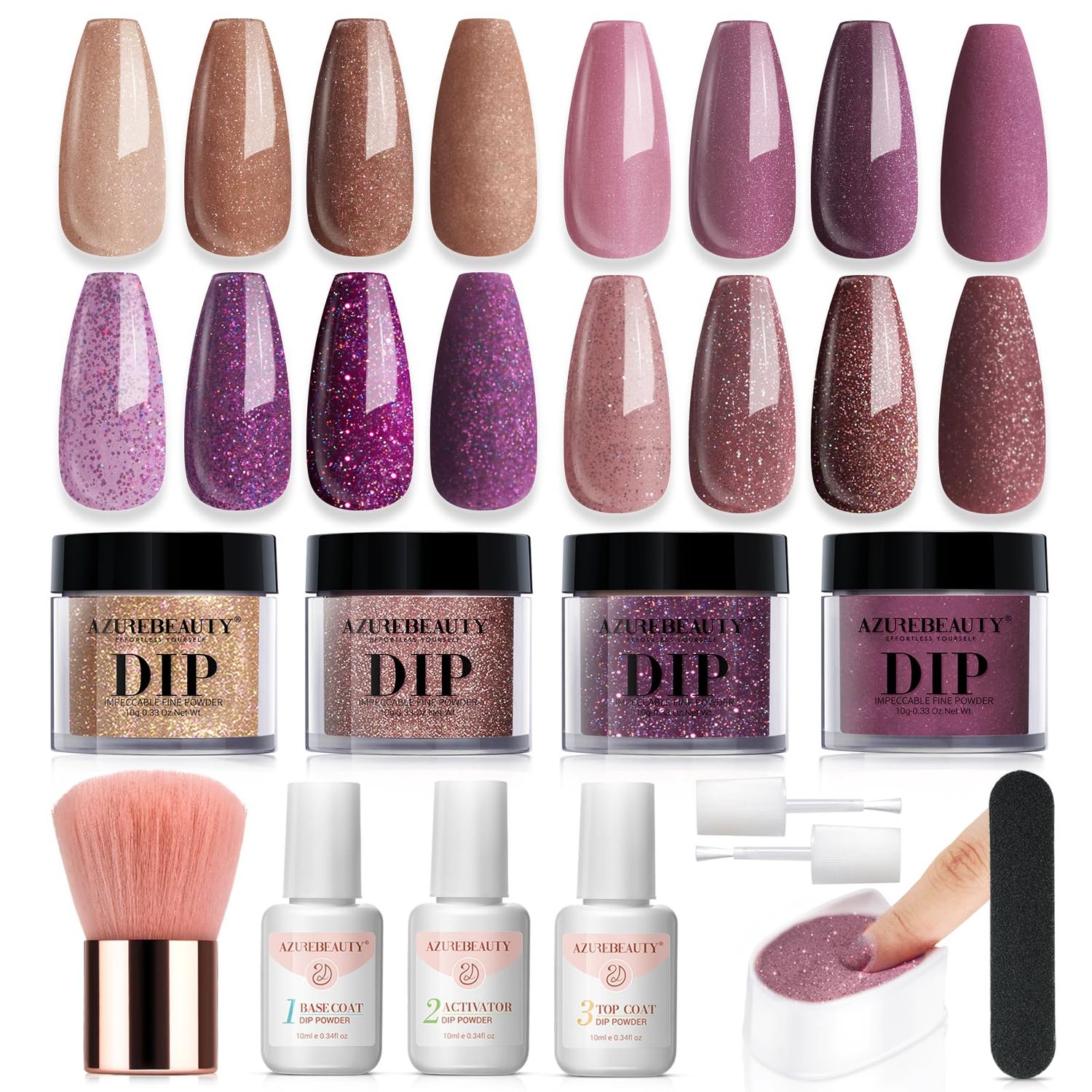 AZUREBEAUTY Dip Powder Nail Kit, 4 Colors Brown Purple Glitter Dipping Powder Starter Liquid Set Recycling Tray with Base &amp; Top Coat Activator for French Nail Art Manicure Salon DIY at Home