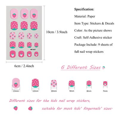 Colorful Nail Stickers for Kids, Self Adhesive Full Nail Wraps for Kids Girls Strips for Decoration Fun Including Strawberry Flower Rainbow Star Designs for Age 8 and Older (9 Sheets)