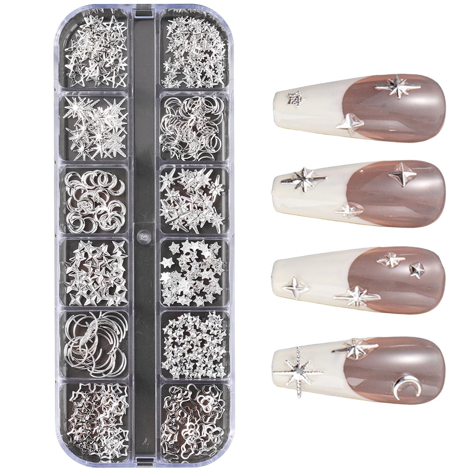Silver Nail Charms - 12 Piece Alloy Star, Moon, Heart Mix Shape 3D Nail Jewelry Art Supplies