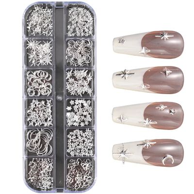 Silver Nail Charms - 12 Piece Alloy Star, Moon, Heart Mix Shape 3D Nail Jewelry Art Supplies