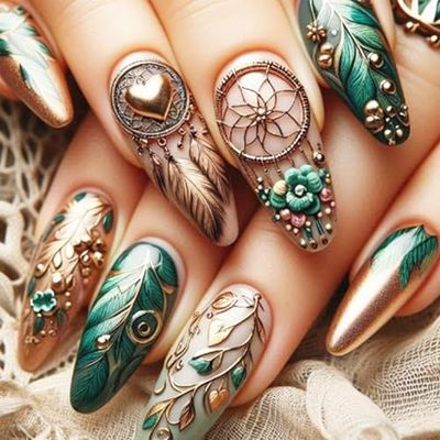 Green Feather Press on Nails 24Pcs Medium Almond Glossy Gold Curve Line False Nails Flower Stick on Fingernails Leaves Acrylic Fake Nail Love Heart Gel Glue on Nail for Coquette Women Girls