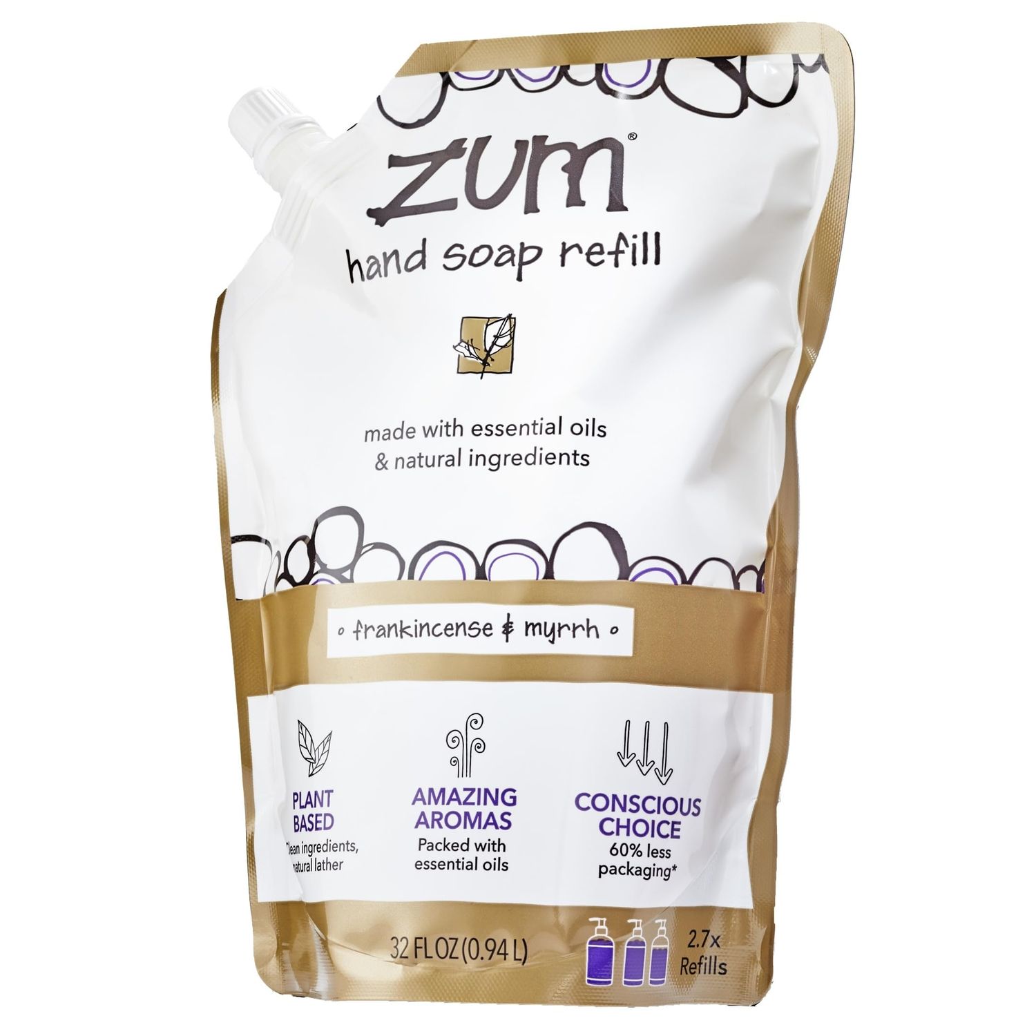 Zum Indigo Wild Hand Soap - Natural Liquid Hand Soap - for Bathroom &amp; Kitchen - Frankincense &amp; Myrrh Scent - 32 oz Refill