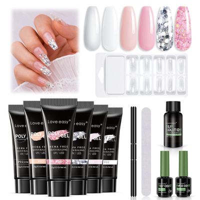 Love easy Poly Gel Nail Kit- 6 Colors Nude Pink Glitter White French, Easy to operate and can be DIY