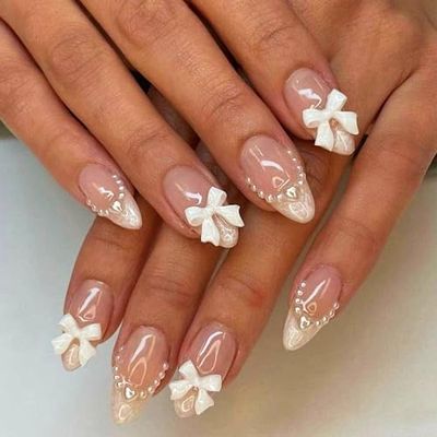 White French Tip Press on Nails Almond Medium Fake Nails with White Pearls Bow Designs Pink Full Cover Glue on Nails Press ons Acrylic False Nails Glossy Stick on Nails for Women Girls 24 Pcs
