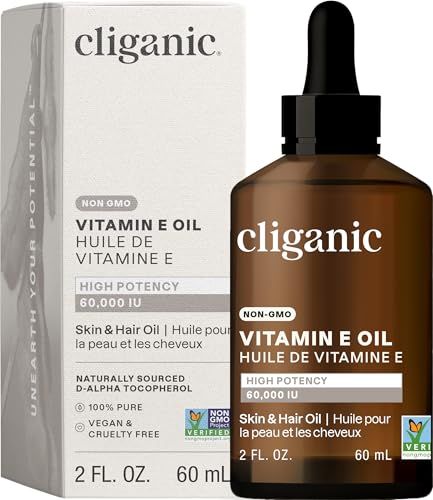Cliganic 100 Pure Vitamin E Oil for Skin, Hair &amp; Face - 60,000 IU, Non-GMO Verified | Natural D-Alpha Tocopherol (Packaging May Vary)