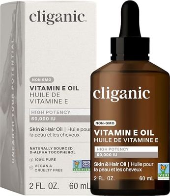 Cliganic 100 Pure Vitamin E Oil for Skin, Hair &amp; Face - 60,000 IU, Non-GMO Verified | Natural D-Alpha Tocopherol (Packaging May Vary)