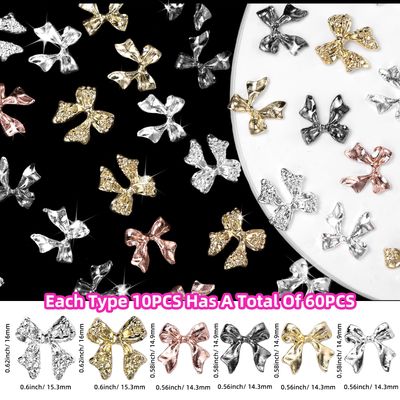 UOTEY 60 Pcs Metal Bow Nail Charms, Alloy Nail Bows 3D Golden Silver Gray Bowknots Charms for Nails, Luxury Shiny Bow Tie Nail Gems Charms for Acrylic Nails DIY Accessories