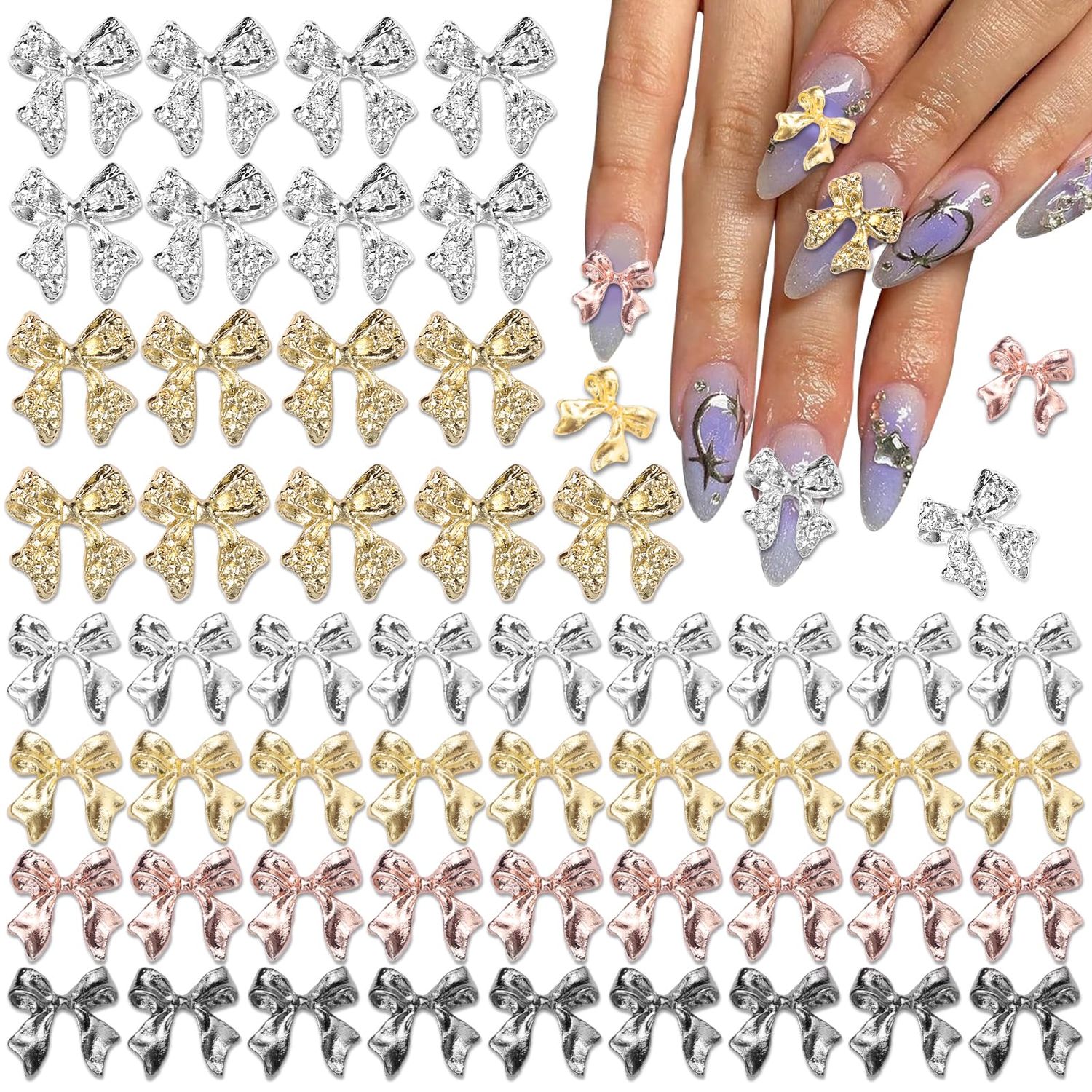 UOTEY 60 Pcs Metal Bow Nail Charms, Alloy Nail Bows 3D Golden Silver Gray Bowknots Charms for Nails, Luxury Shiny Bow Tie Nail Gems Charms for Acrylic Nails DIY Accessories