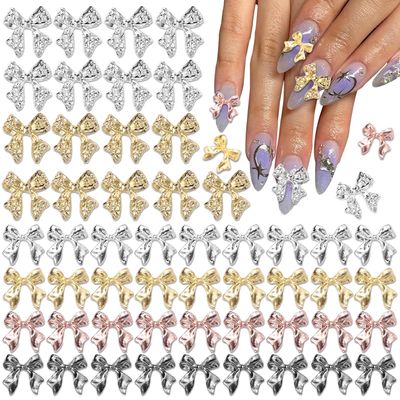 UOTEY 60 Pcs Metal Bow Nail Charms, Alloy Nail Bows 3D Golden Silver Gray Bowknots Charms for Nails, Luxury Shiny Bow Tie Nail Gems Charms for Acrylic Nails DIY Accessories