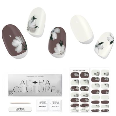 Adora Couture Semi Cured Gel Nail Strips with 30 Pieces, Salon Quality Nail Wraps for Women, Glossy Magnolia Flowers Glaze UV Gel Nail Stickers, UV Light Required, Magnolia