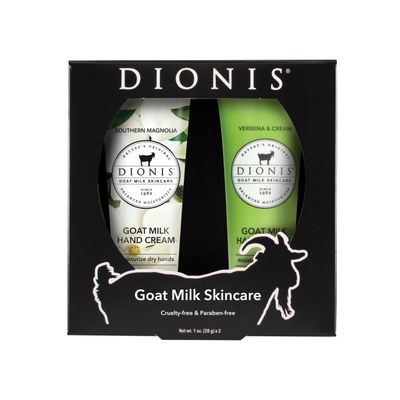 Dionis Goat Milk Skincare Hand Cream Set of 2 - Cruelty Free, Paraben Free Travel Size Moisturizer Duo, Southern Magnolia and Lemon Verbena &amp; Cream Scented 1oz Mini Lotions For Dry Hands in a Gift Box