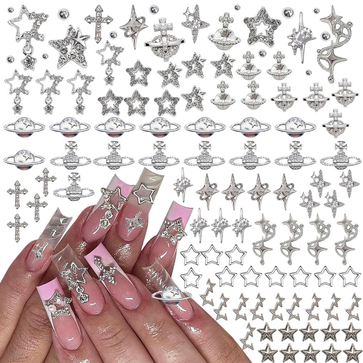 120 Pcs Star Nail Charms Inlaid Rhinestones Gems, Silver Star Planet Cross Nail Art Decorations Shiny Jewelry for Acrylic Nail Accessories for Women Girl Manicure DlY Crafts Supplies