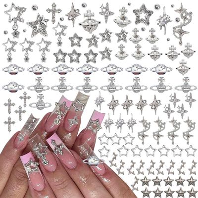 120 Pcs Star Nail Charms Inlaid Rhinestones Gems, Silver Star Planet Cross Nail Art Decorations Shiny Jewelry for Acrylic Nail Accessories for Women Girl Manicure DlY Crafts Supplies