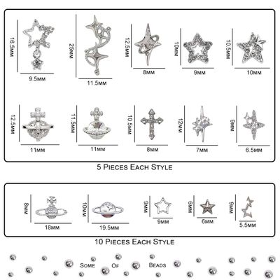 120 Pcs Star Nail Charms Inlaid Rhinestones Gems, Silver Star Planet Cross Nail Art Decorations Shiny Jewelry for Acrylic Nail Accessories for Women Girl Manicure DlY Crafts Supplies