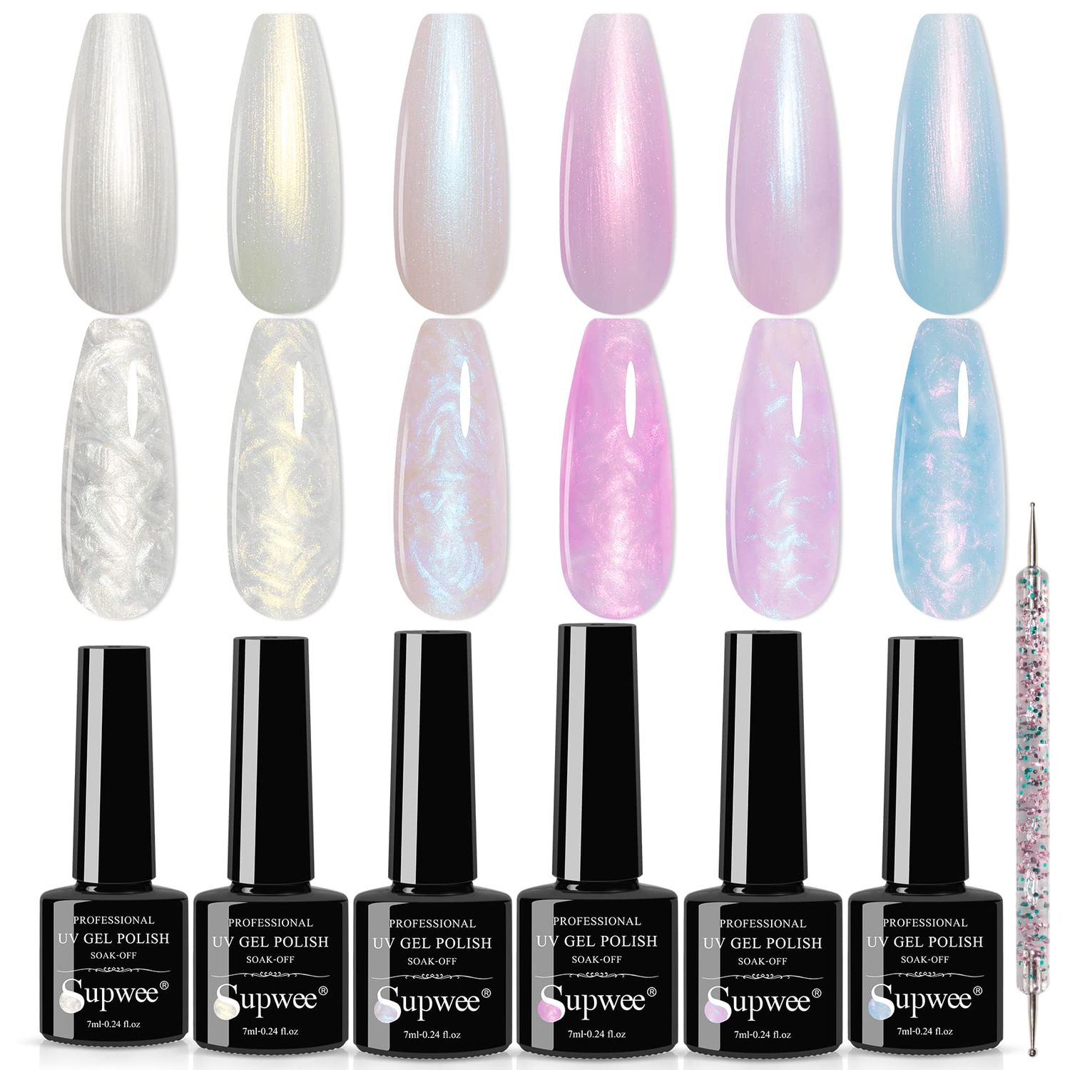 SUPWEE Pearl Gel Nail Polish Shimmer Mermaid Gel Polish White Pink Purple Blue Glitter Nail Polish Pearlescent Nail Gel Shell Swirl Thread Effect Soak Off UV LED Gel for Salon Home Manicure 6 Colors