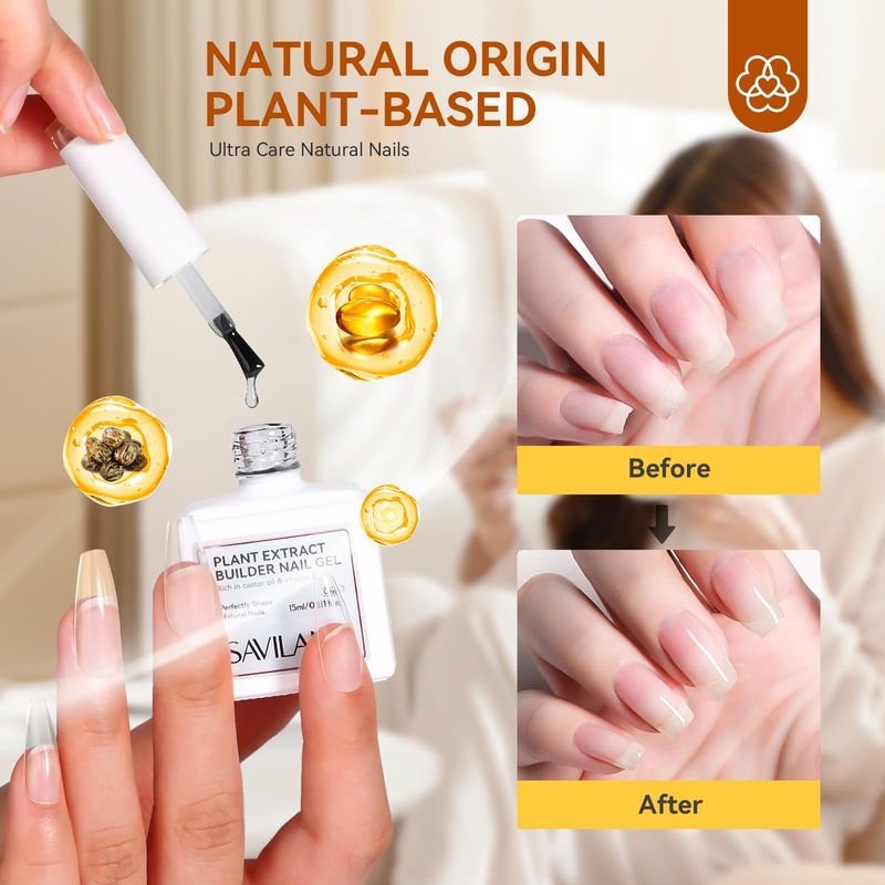 SAVILAND Clear Builder Nail Gel - 15 ml Builder Nail Gel In A Bottle Nail Extension Gel Hard Gel Nail Strengthener Gel Rich in Castor Oil &amp; Vitamin E for Damaged Nails Nail Repair Reforcement Nail Art