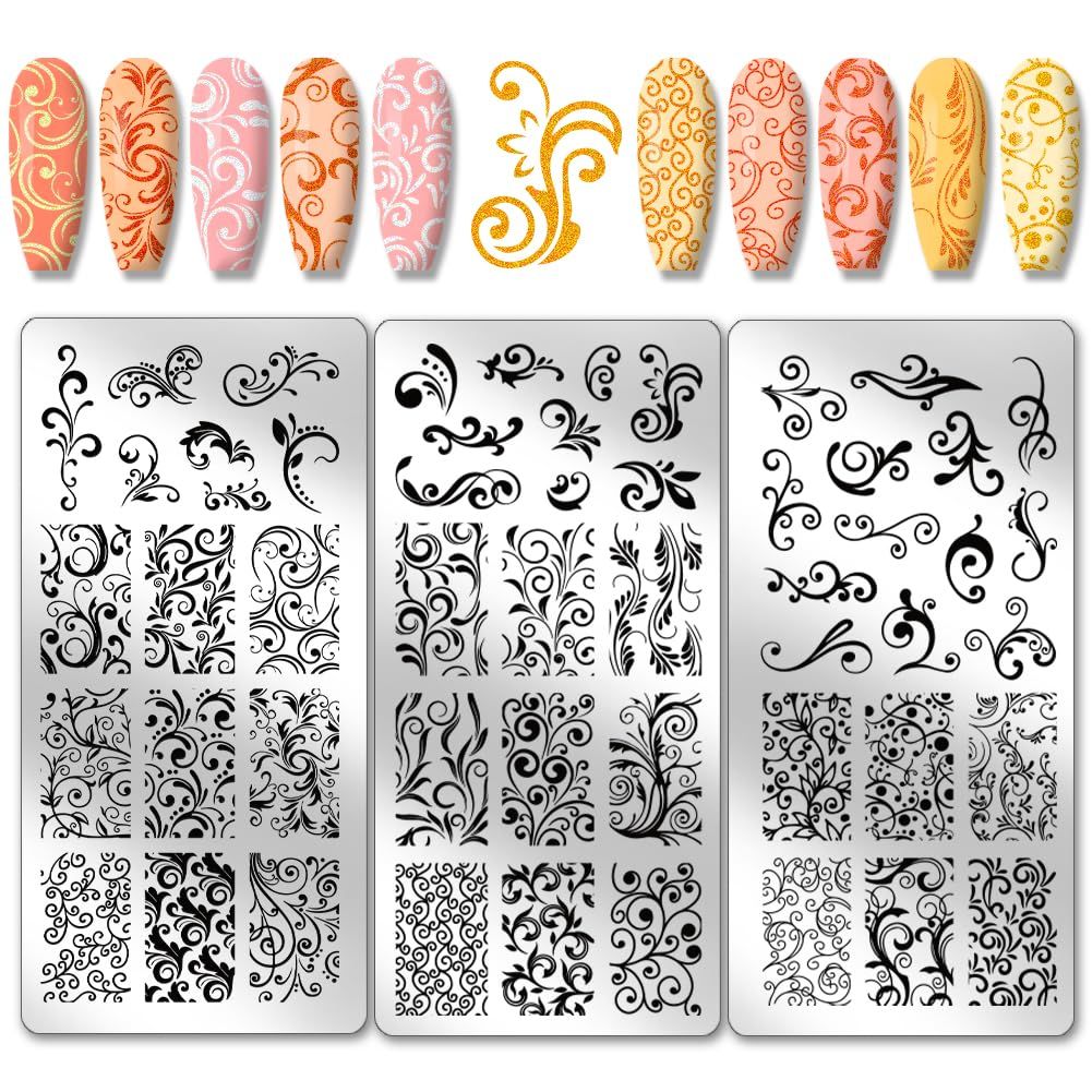 PH PandaHall 3pcs Swirl Pattern Nail Art Templates, French Nail Stamping Plate 52 Patterns Plant Floral Nail Art Stencils Stainless Steel Stamping Plates for Nail Design Print Manicure Salon Spring