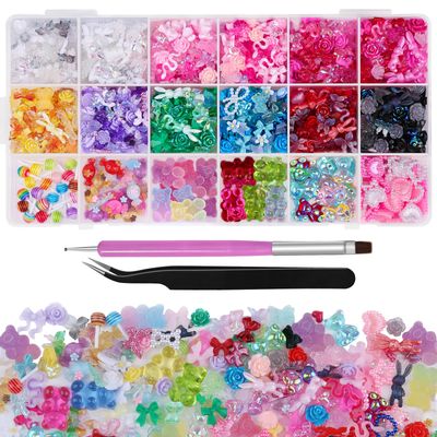 Kikonoke 960 Pieces 3D Bear Candy Nail Charms Set Pink Black Flower Butterfly Lollipop Rabbit Nail Art Charms for Nail Art, Craft and Decoration with Tweezer and Brush(Candy Bear 18 Grids)